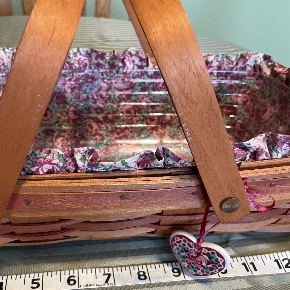 Longaberger Wood Basket with Pink Floral Fabric Liner - Picture 3 of 14